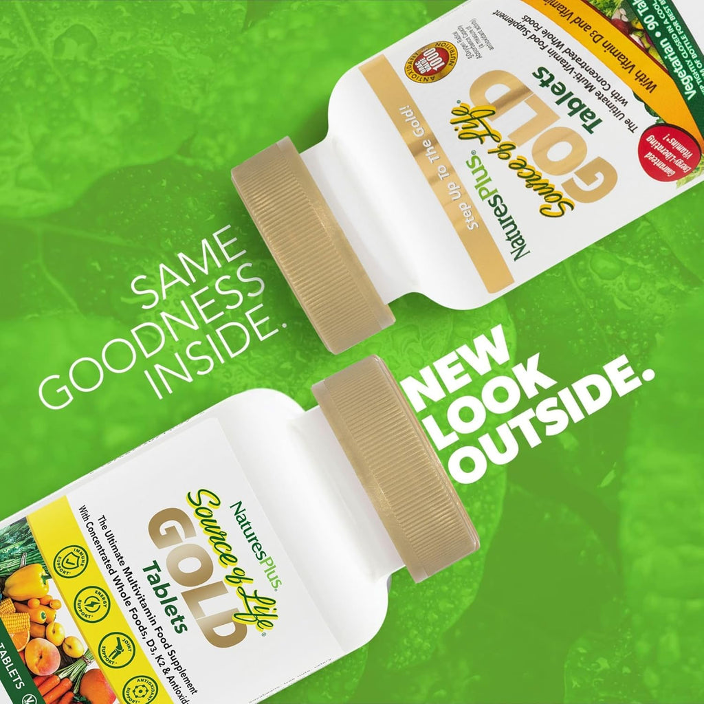 NaturesPlus Source of Life GOLD Multivitamin - 90 Comprimidos - Con Vitaminas D3, B12 y K2 - Apoyo para Sangre, Huesos y Sistema Inmunitario - Vegetariano y Sin Gluten - 30 Dosis