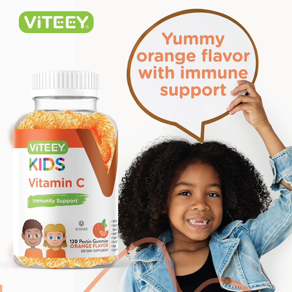 Viteey Gomitas de Vitamina C para Niños - Sabor Naranja - 120 Unidades - Vegano, Sin Gluten, Sin Gelatina