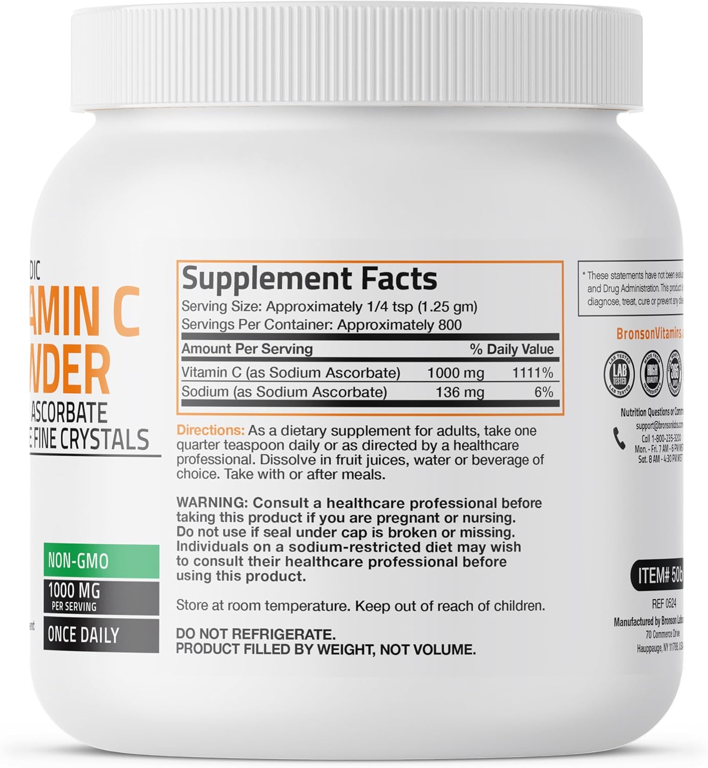 Bronson Vitamina C No Ácida en Polvo – Ascorbato Sódico No OGM – 1 kg (2.2 lbs)