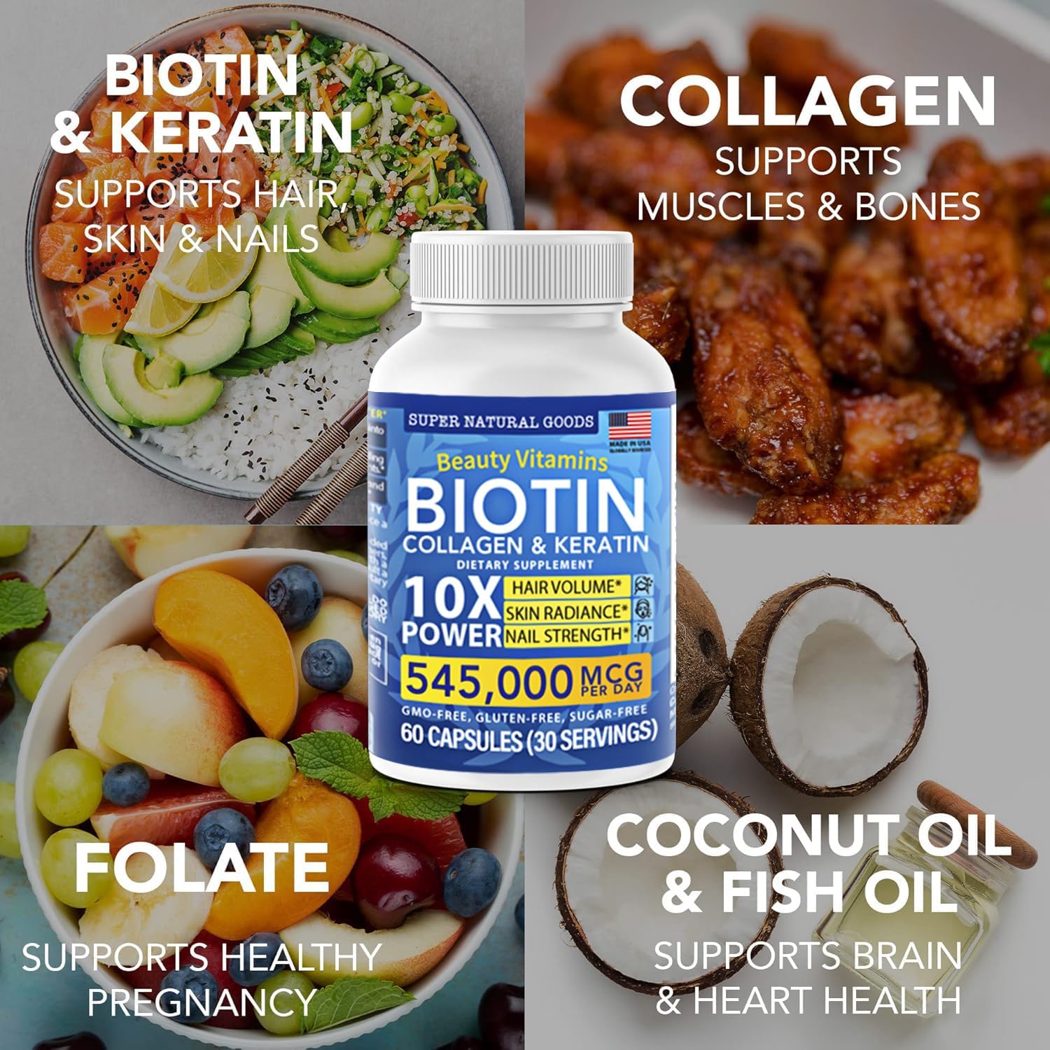 Biotina, Colágeno y Queratina con Ácido Fólico – 120 Cápsulas