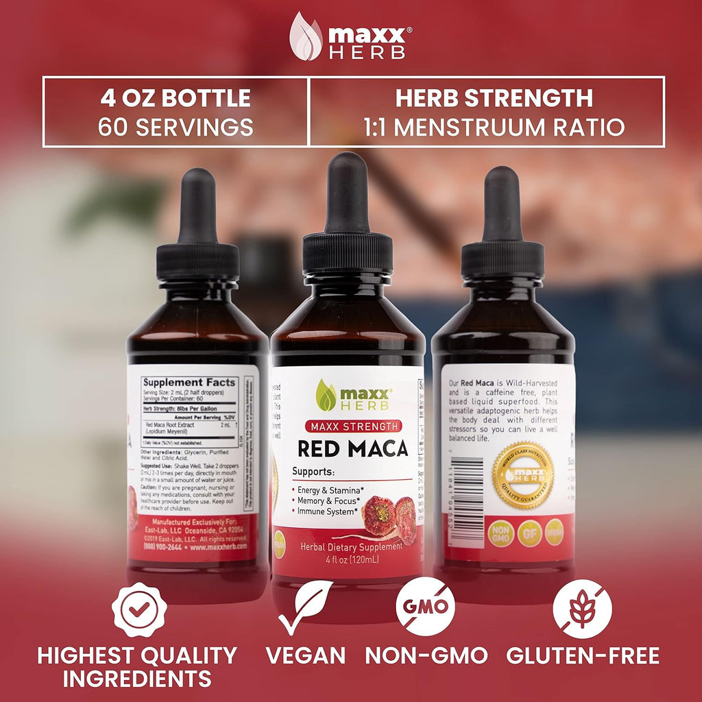 Extracto de Raíz de Maca Roja - Gotas Líquidas Concentradas, Sin Alcohol, 4 Botellas de 118 ml