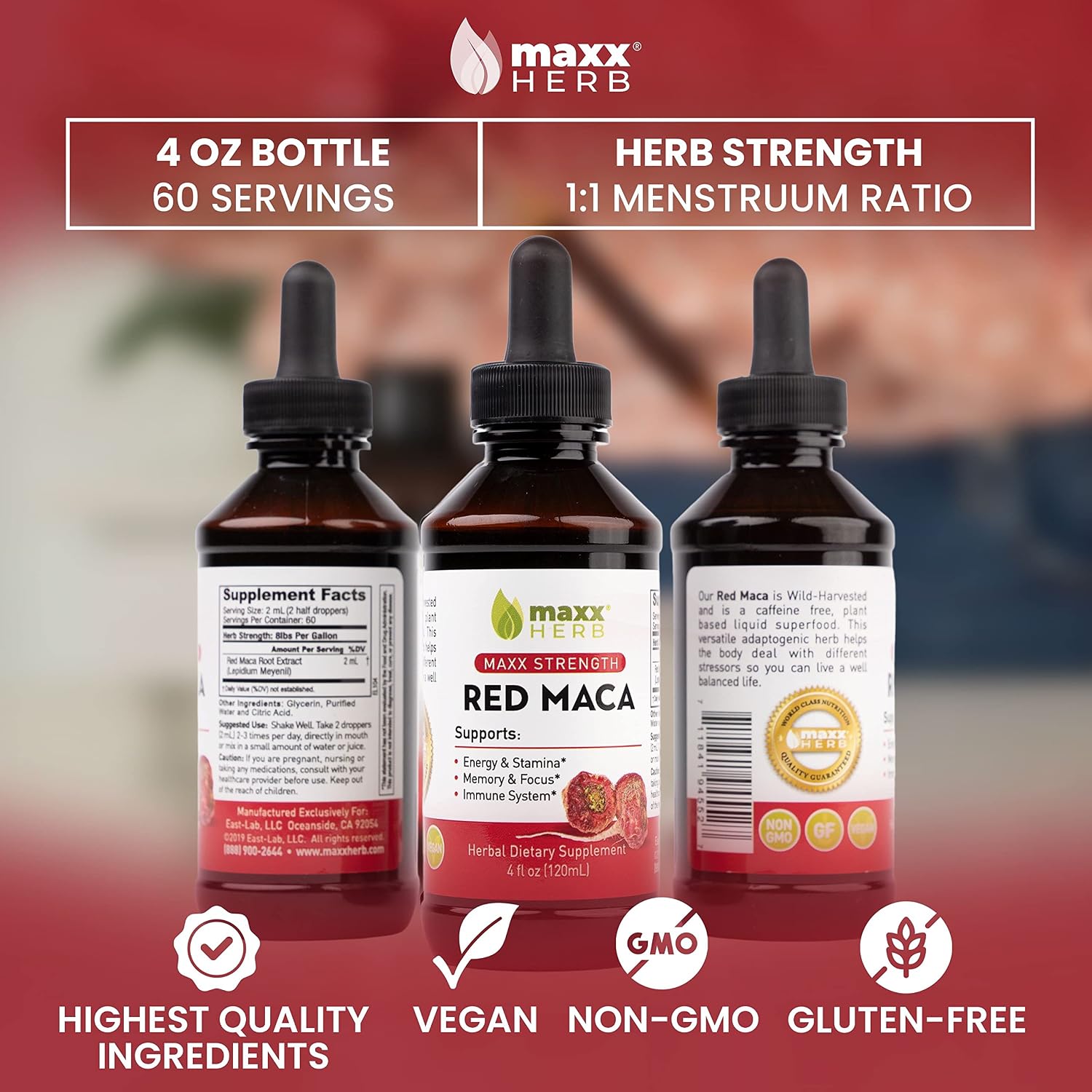 Extracto de Raíz de Maca Roja - Gotas Líquidas Concentradas, Sin Alcohol, 4 Botellas de 118 ml