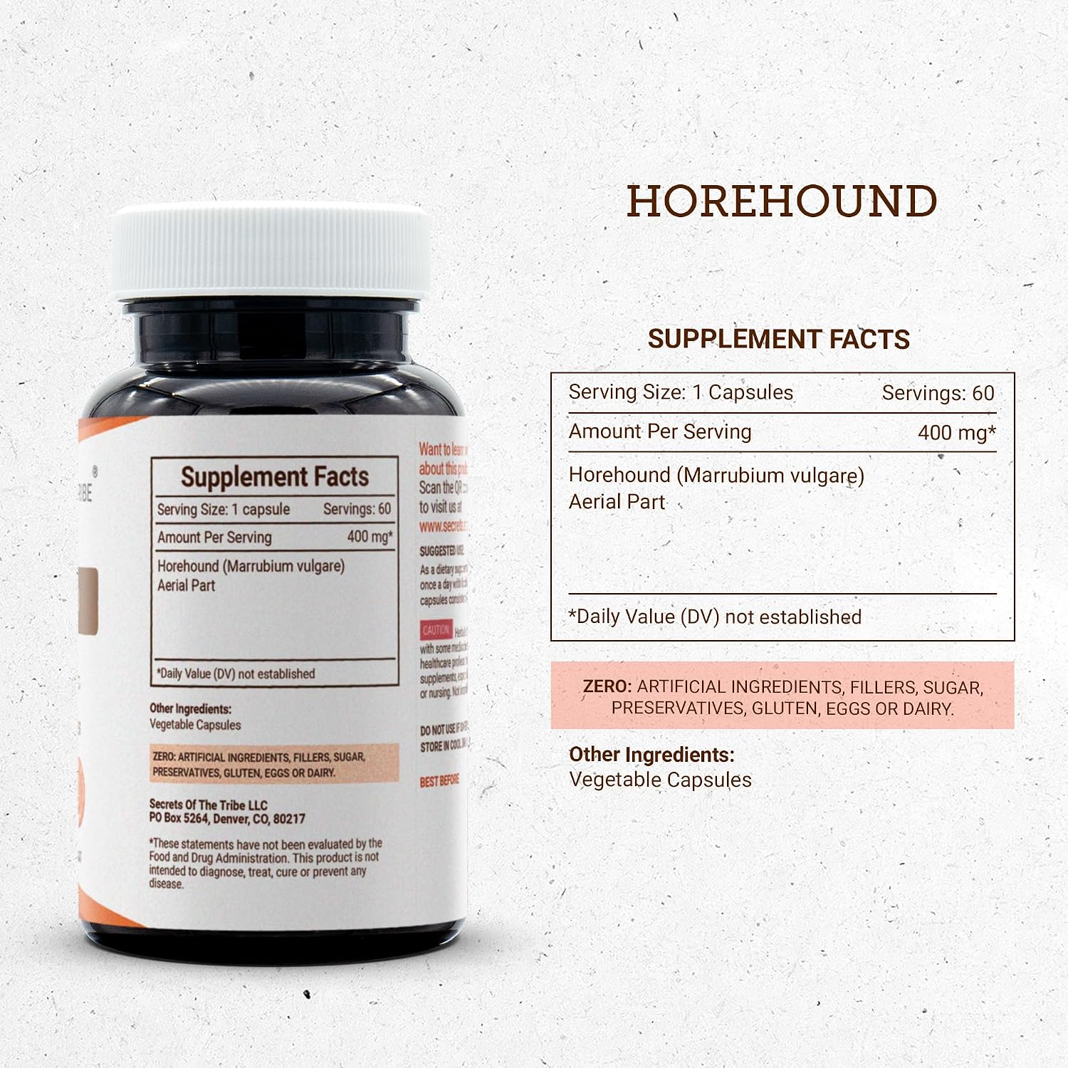 Secrets of the Tribe Marrubio (Horehound) 400 mg, 60 Cápsulas
