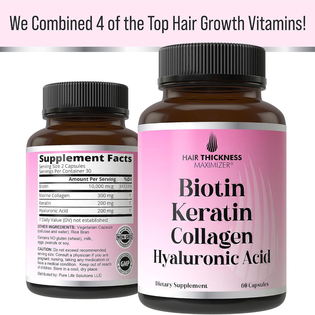 Suplemento de Biotina 10.000 mcg con Keratina, Colágeno Marino y Ácido Hialurónico - 4 en 1 para Cabello, Piel y Uñas