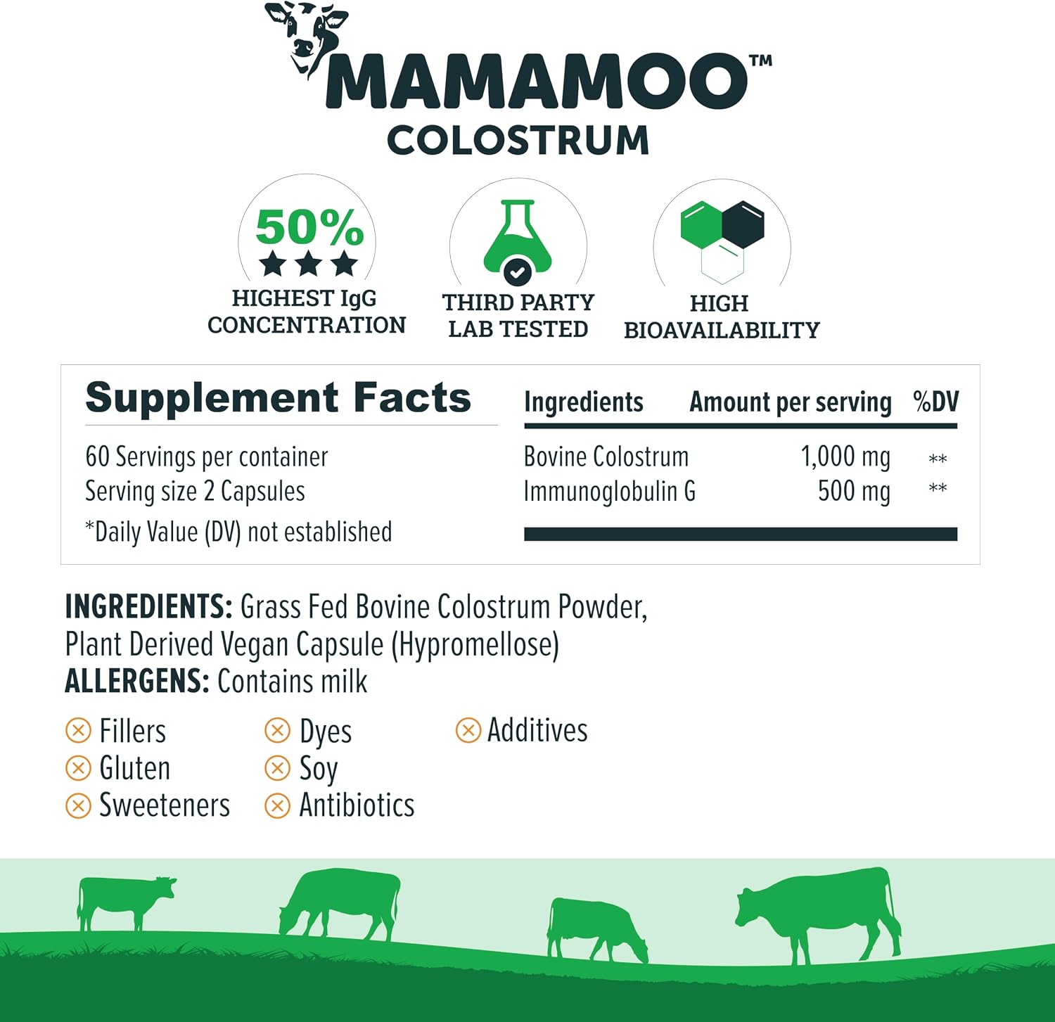 MamaMoo™ Calostro Bovino en Polvo >50% IgG, Pasto Criado, Verificado No GMO, Salud Intestinal, Inmunidad, Piel y Cabello (120 Cápsulas)