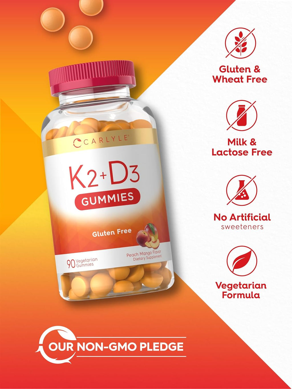 Carlyle Vitamina D3 K2 Gominolas | 90 Unidades | 5000 IU D3 + 50 mcg MK7 | Sabor Melocotón Mango | Vegetariano, Sin Gluten, No GMO
