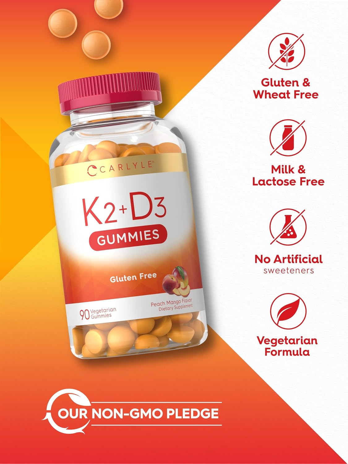 Carlyle Vitamina D3 K2 Gominolas | 90 Unidades | 5000 IU D3 + 50 mcg MK7 | Sabor Melocotón Mango | Vegetariano, Sin Gluten, No GMO