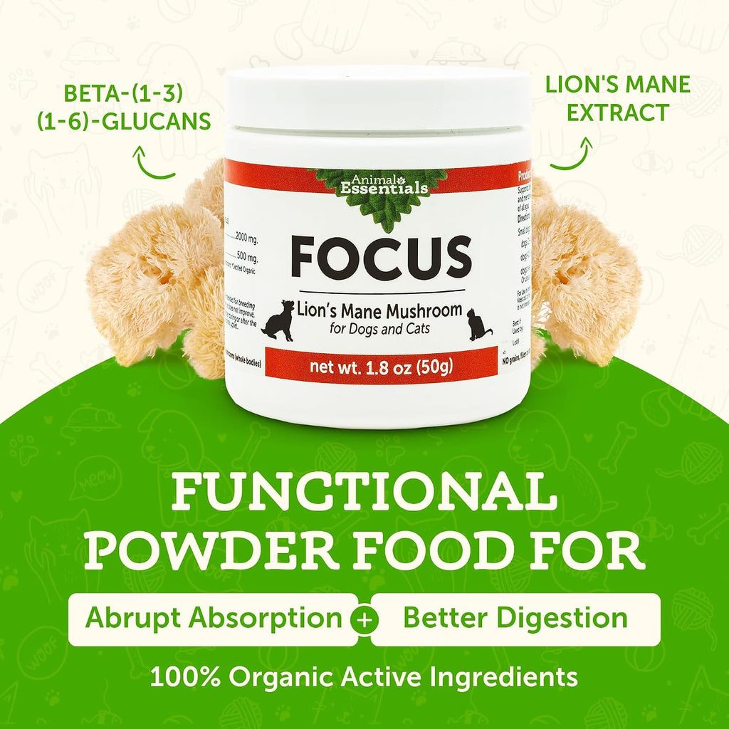 Animal Essentials Focus Lions Mane Mushroom Supplement para Perros y Gatos – 1.8 oz (51 g)