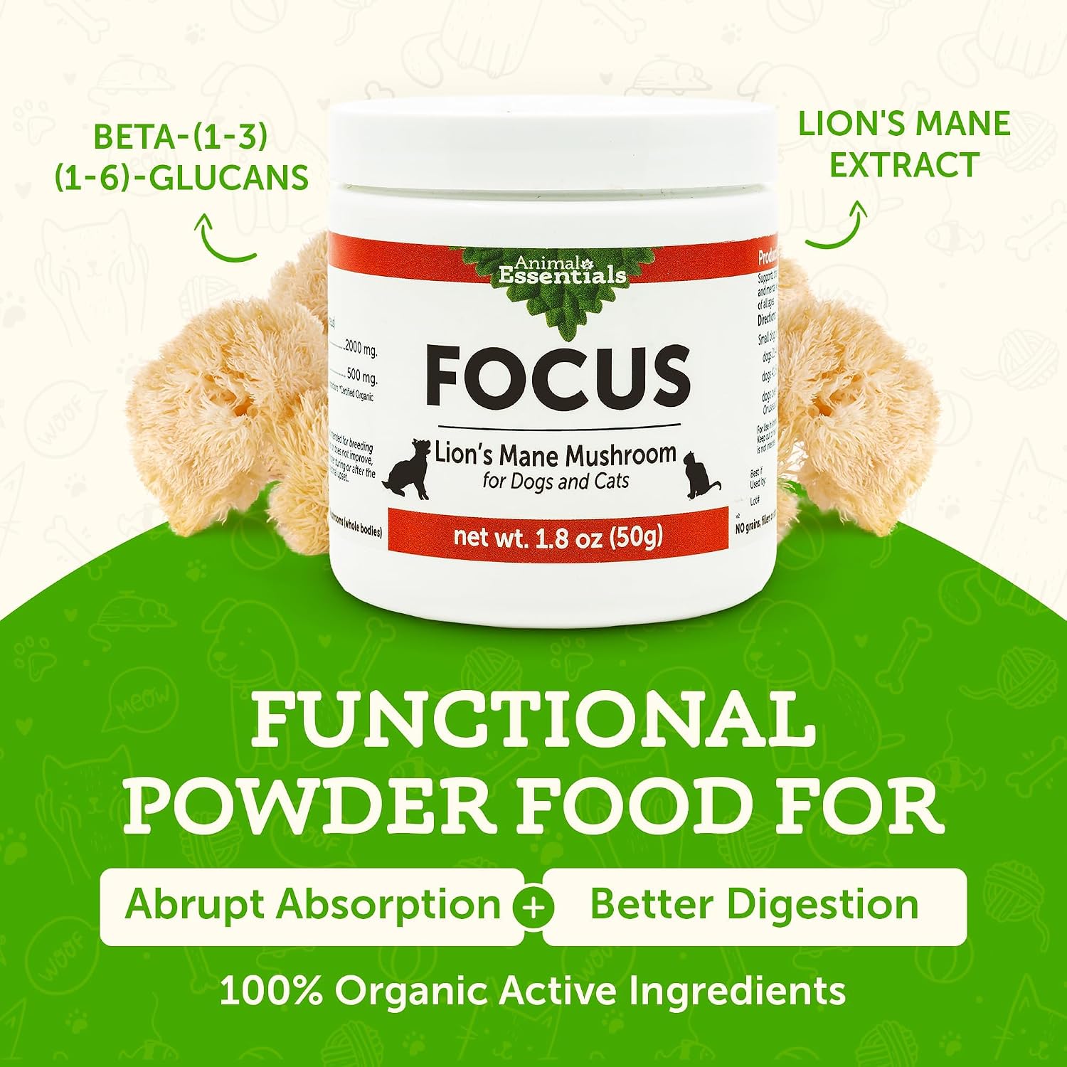 Animal Essentials Focus Lions Mane Mushroom Supplement para Perros y Gatos – 1.8 oz (51 g)