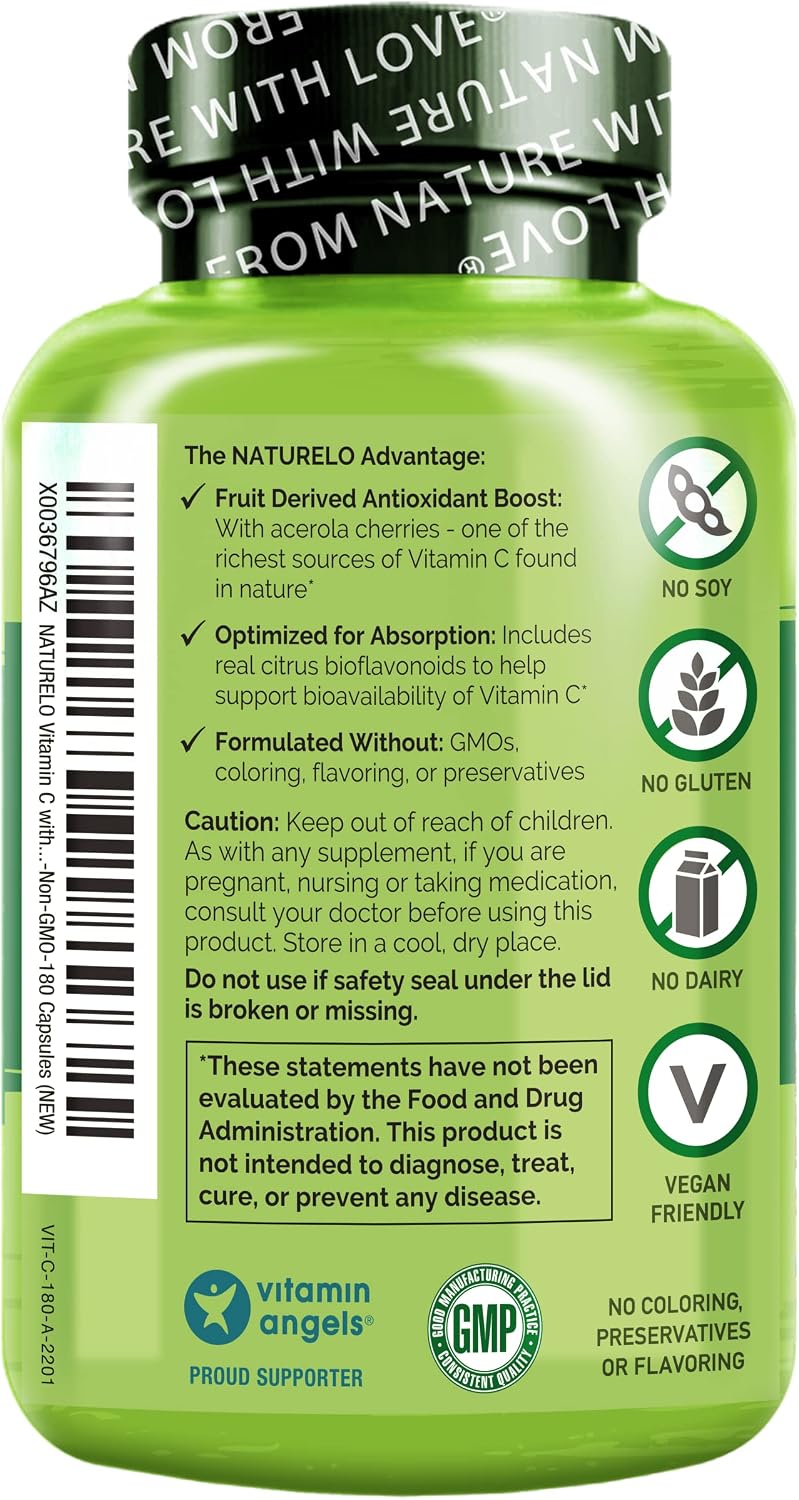 NATURELO Vitamina C con Acerola Ecológica y Bioflavonoides Cítricos - 500 mg por Cápsula - 180 Cápsulas