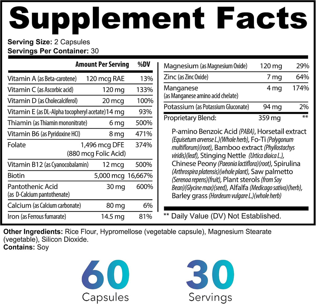 Veetify Vitaminas para Cabello, Piel y Uñas con Biotina y Complejo Herbal - 60 Cápsulas Veganas
