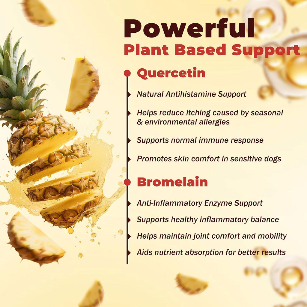 Tabletas de Quercetina y Bromelina para Perros — para Alergias Cutáneas, Dermatitis Atópica, Infecciones de Oído e Inflamación Articular — Apoyo Inmunológico y Antiinflamatorio — Formulado por Veterinarios