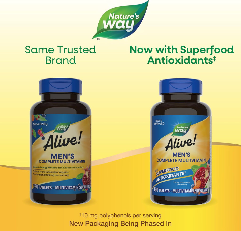 Nature's Way Alive! Multivitamínico Diario Completo para Hombres - Apoya el Metabolismo Energético y la Función Muscular - con Vitaminas B - Sin Gluten - 130 Comprimidos