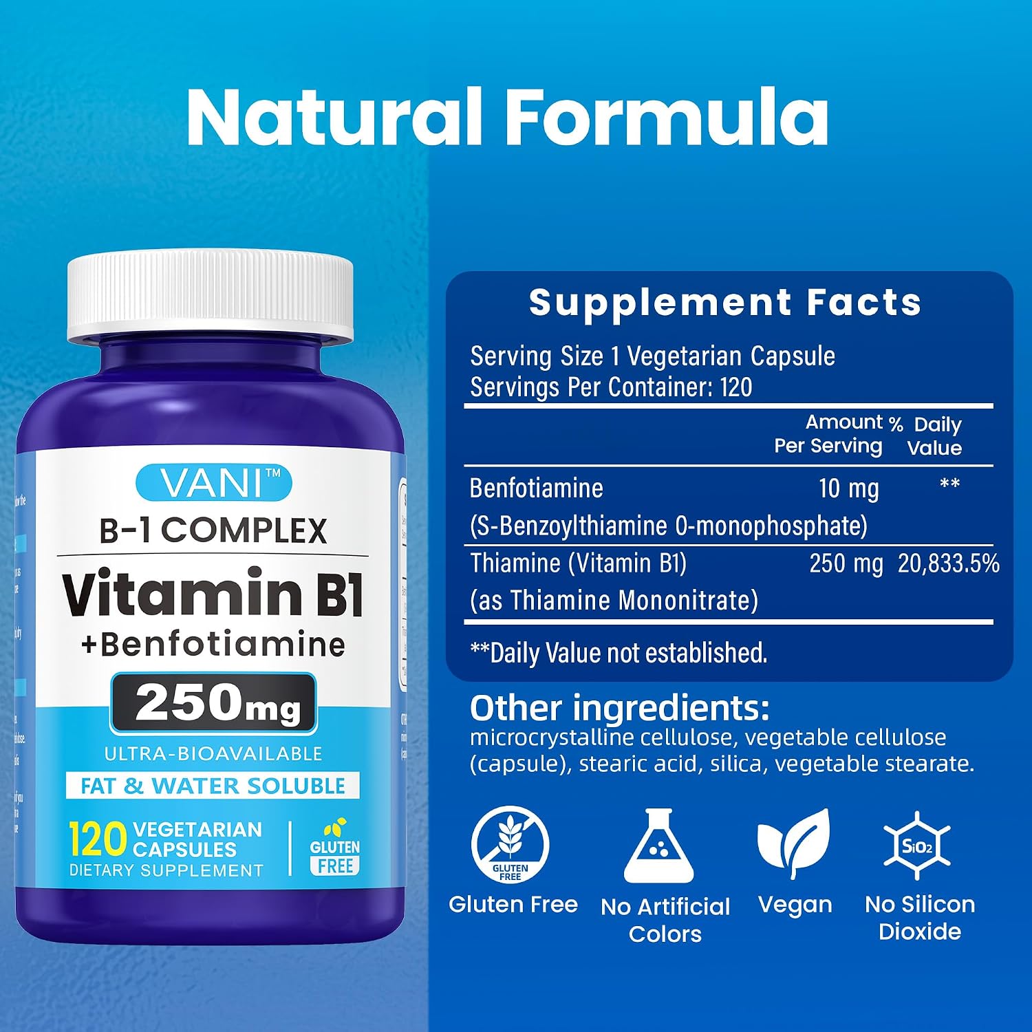 VANI Vitamina B1 con Benfotiamina 250mg, Fórmula Potenciada 2 en 1 - Tiamina Soluble en Grasa y Agua | 120 Cápsulas | Sin Gluten