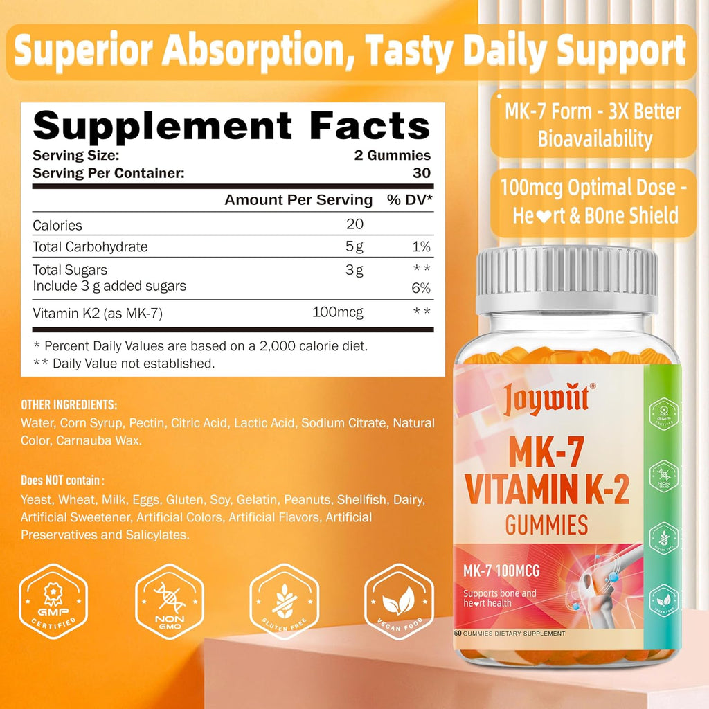 Gominolas de Vitamina K2 MK-7 100mcg – Joywiit – Suplemento para Huesos y Corazón, Sabor Naranja Natural, No GMO, Vegano, 60 Gominolas
