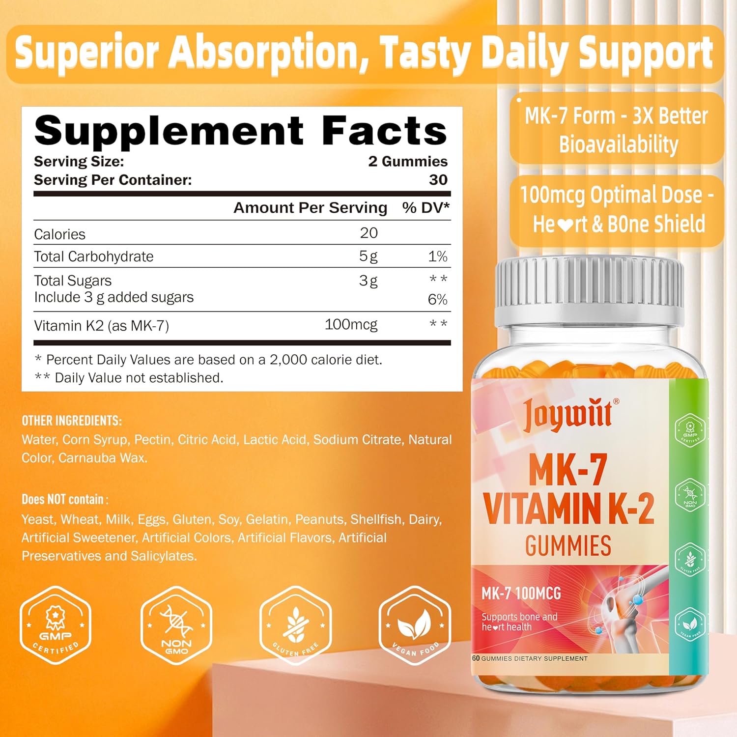 Gominolas de Vitamina K2 MK-7 100mcg – Joywiit – Suplemento para Huesos y Corazón, Sabor Naranja Natural, No GMO, Vegano, 60 Gominolas