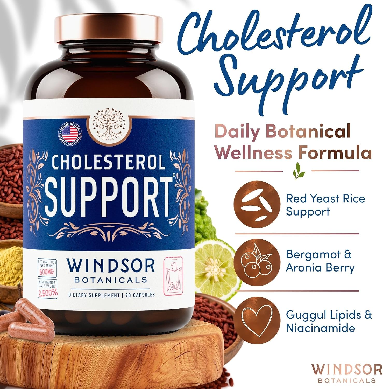 WINDSOR BOTANICALS Suplemento de Colesterol con Bergamota, Niacina, Levadura de Arroz Rojo, Berberina y Aronia - 90 Cápsulas Veganas