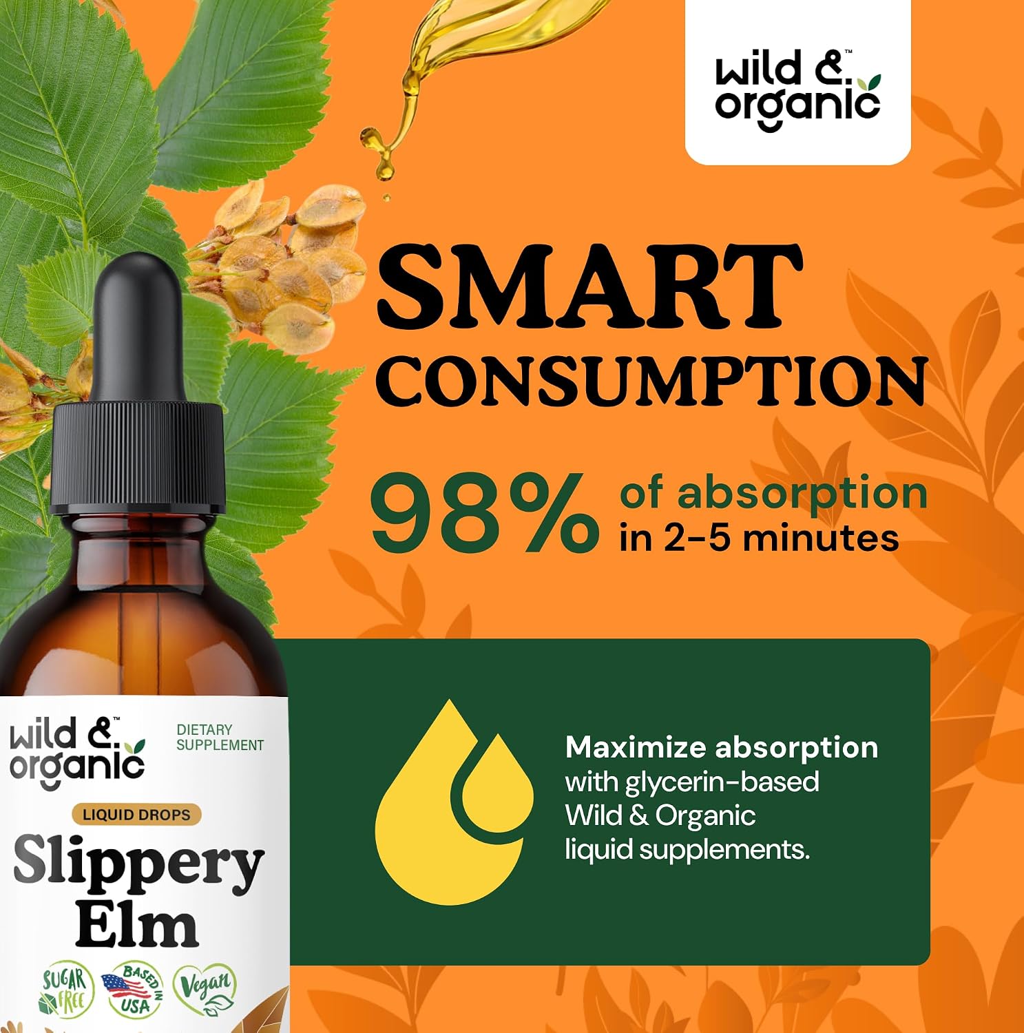 Wild & Organic Gotas de Olmo Resbaladizo - Extracto Líquido de Corteza de Ulmus Rubra - Sin Alcohol, Vegano - 2 fl oz