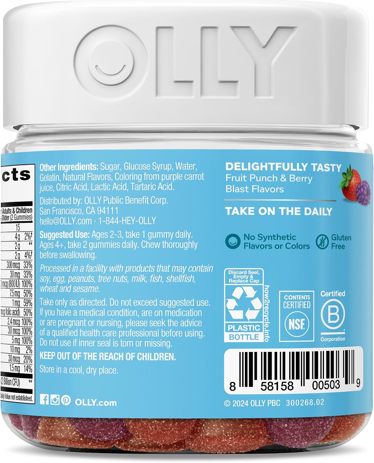 OLLY Kids Multivitamin & Probiotic Gummy - Gomitas Multivitamínicas con Probióticos para Niños, Sabor Berry, 70 Unidades