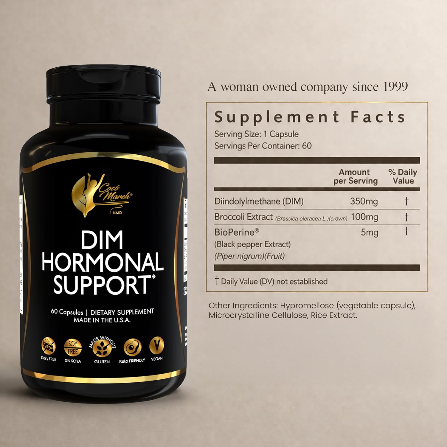 Cocó March DIM Suplemento para Mujeres – Apoya el Equilibrio Hormonal, Cuidado de la Piel y Metabolismo Natural del Estrógeno – Desintoxicación y Salud Celular – Sin Gluten, Sin Soja, Sin Lácteos, Vegano y Keto – 60 Cápsulas