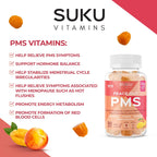 SUKU Vitamins - Gomitas PMS con Vitex (Saúz) para Alivio Premenstrual y Menopausia, Sabor Melocotón Mango, 50 unidades