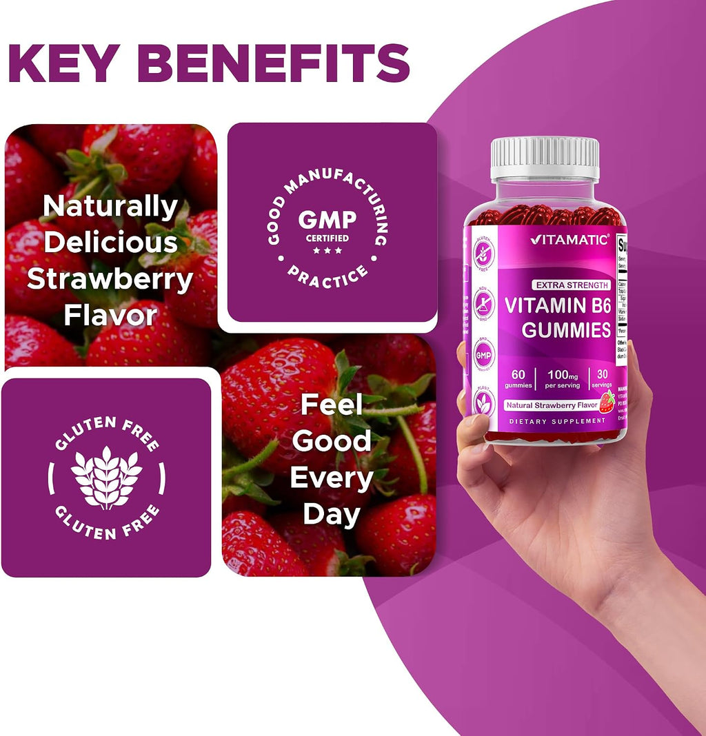 Vitamatic Vitamina B6 100mg - Gomitas de Pectina con Sabor a Bayas - 60 Unidades