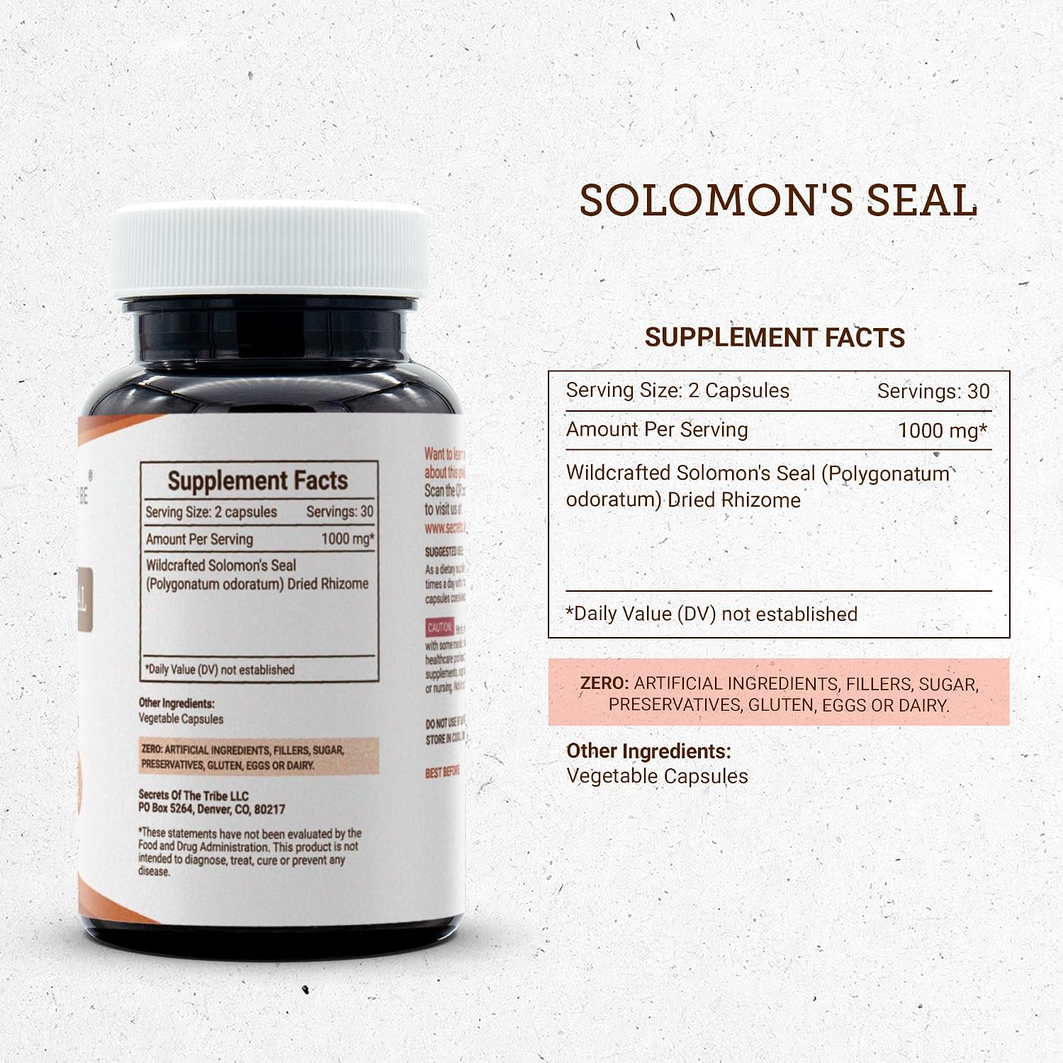Secrets of the Tribe Sello de Salomón 1000 mg, 60 Cápsulas - Raíz de Polygonatum odoratum silvestre seca