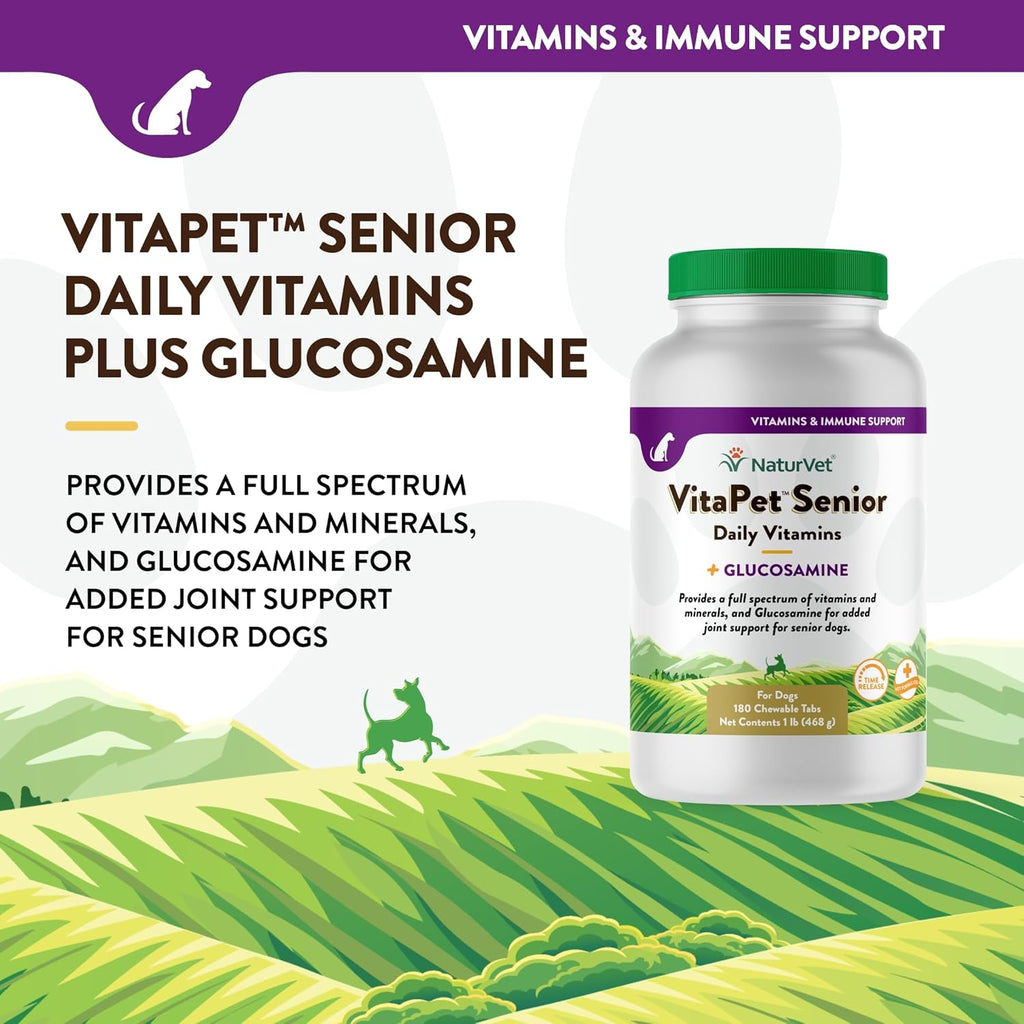 NaturVet VitaPet Senior Daily Vitamins Plus Glucosamine - 180 Comprimidos Masticables para Perros Mayores