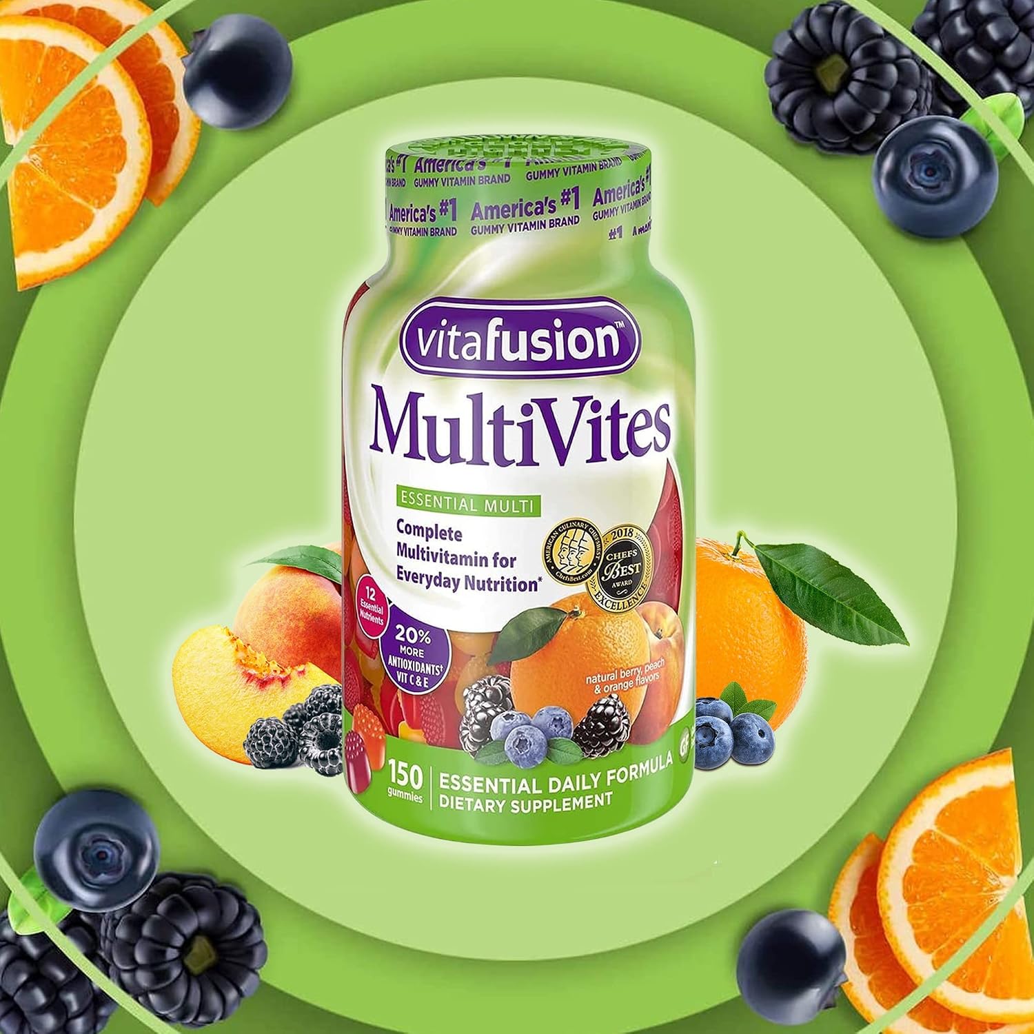 Vitafusion MultiVites Gomitas Multivitamínicas para Adultos Sabor Berry, Peach y Naranja - 150 uds, Paquete de 2