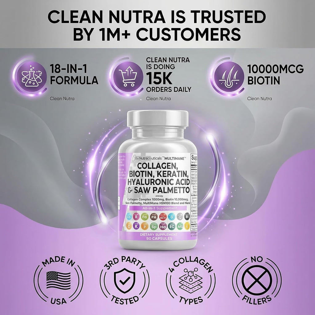 Clean Nutraceuticals Colágeno con Biotina 10000mcg, Queratina, Saw Palmetto, Ácido Hialurónico - 90 Cápsulas
