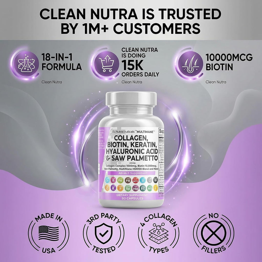 Clean Nutraceuticals Cápsulas de Colágeno 1000mg con Biotina 10000mcg, Keratina, Saw Palmetto y Ácido Hialurónico - 90 Cápsulas