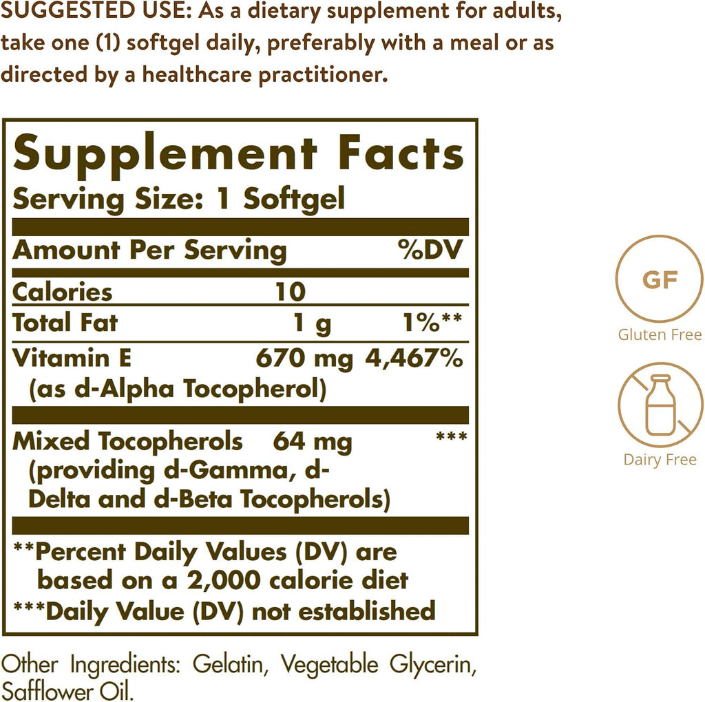 Solgar Vitamina E 670 mg (1000 UI), 100 Cápsulas Blandas