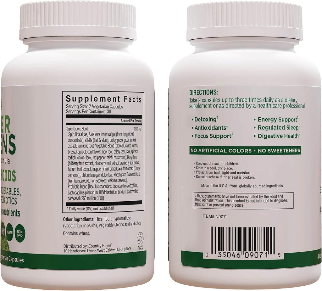 Country Farms Super Greens Vegicaps - 32 Superalimentos en Cápsulas Vegetales, 60 Cápsulas (30 Días)