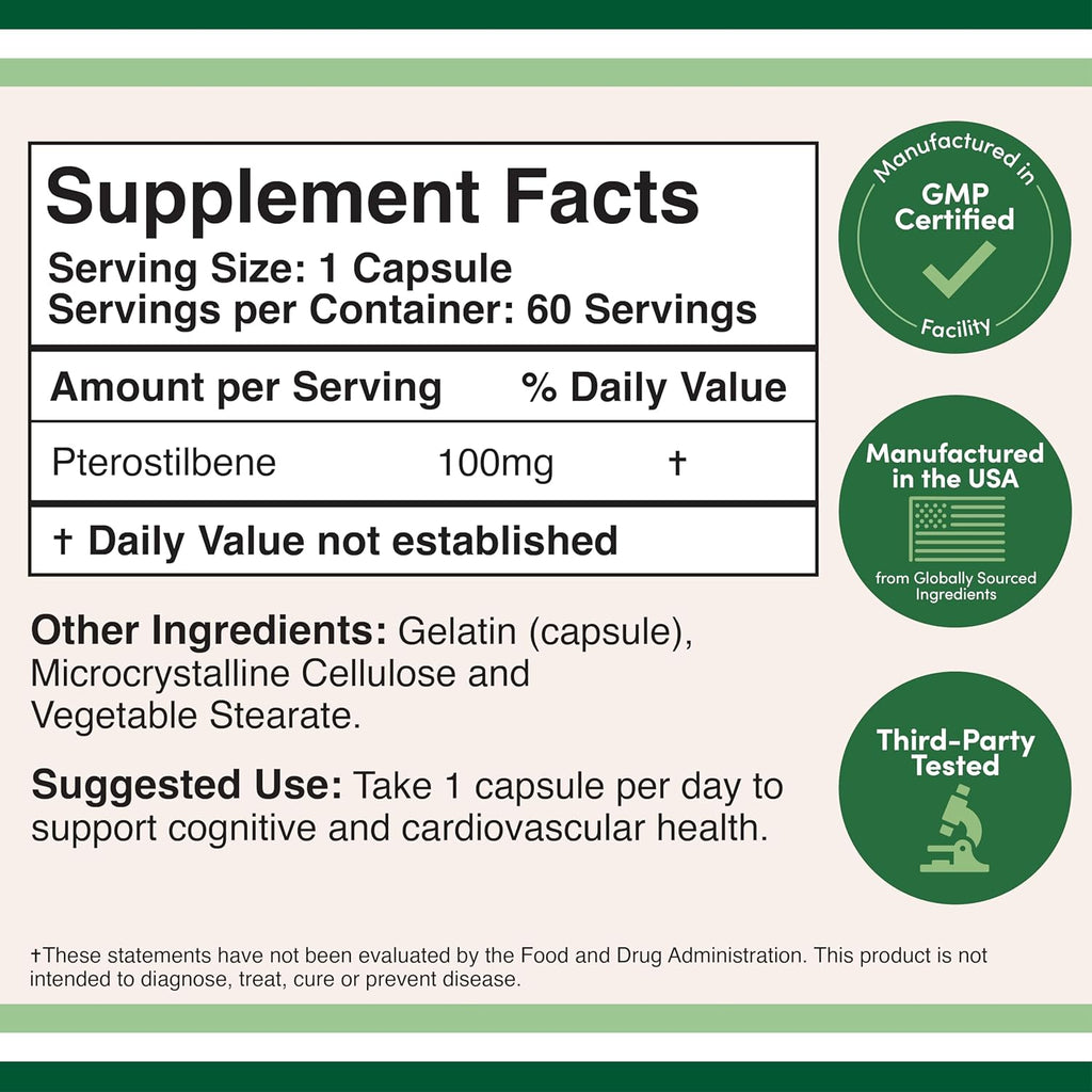 Pterostilbeno 100 mg, 60 Cápsulas - Complemento Alimenticio Antioxidante