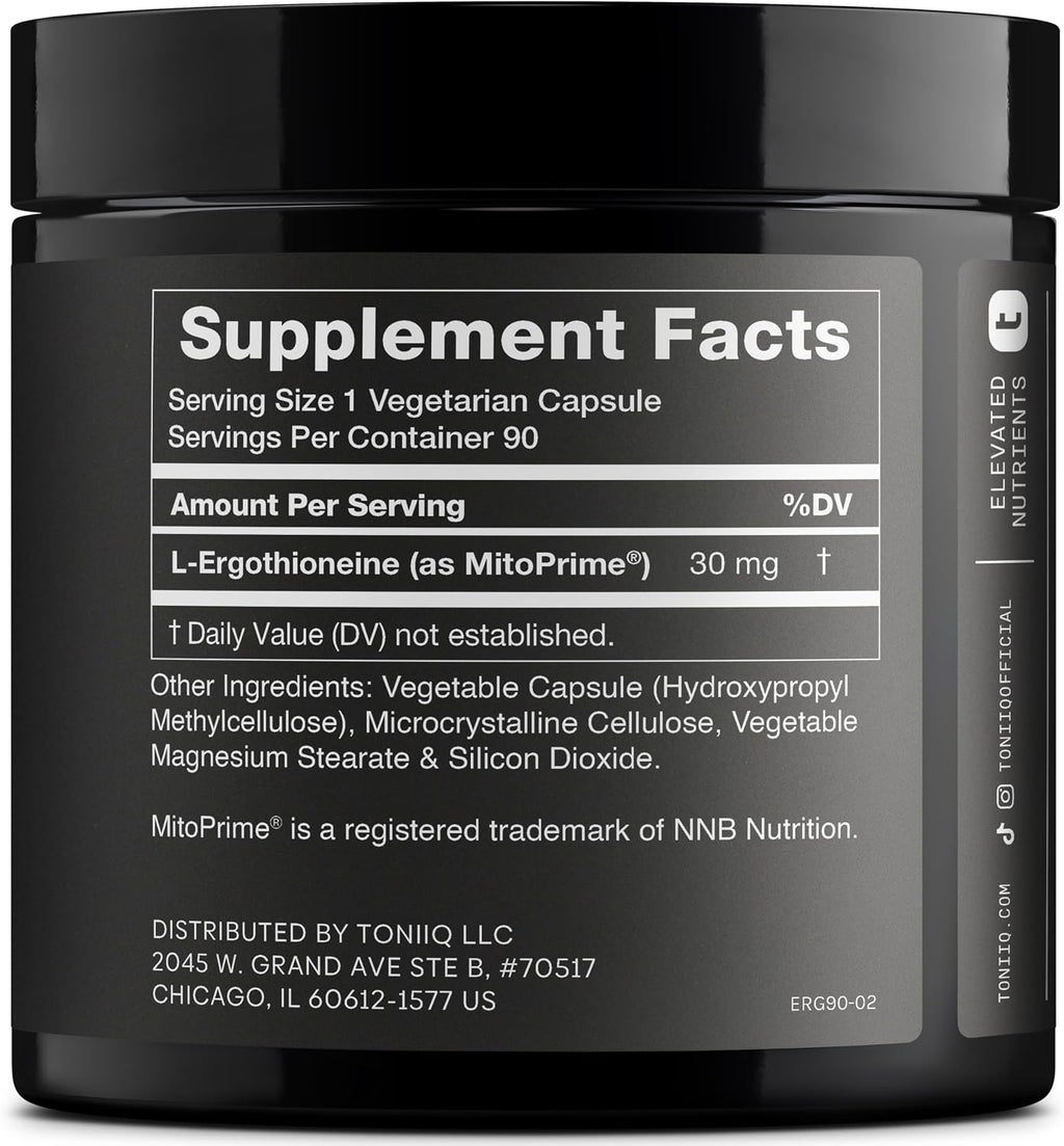 Ergothioneina con MitoPrime® - Alta Potencia 30mg con 98% de Pureza - Suplemento de L-Ergothioneina - Apoyo a la Longevidad e Inmunidad - Probado en Laboratorio, 90 Cápsulas