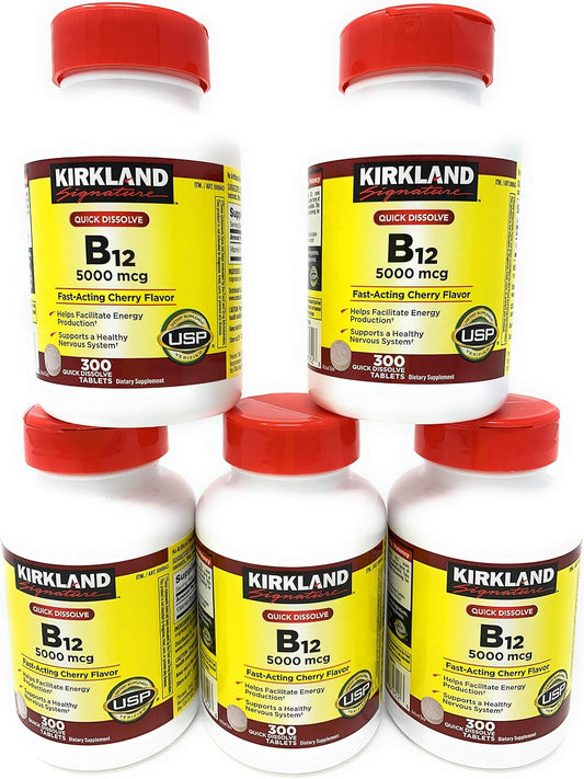 Kirkland Signature B12 Sublingual 5000 mcg, 5 Frascos (300 Comprimidos)