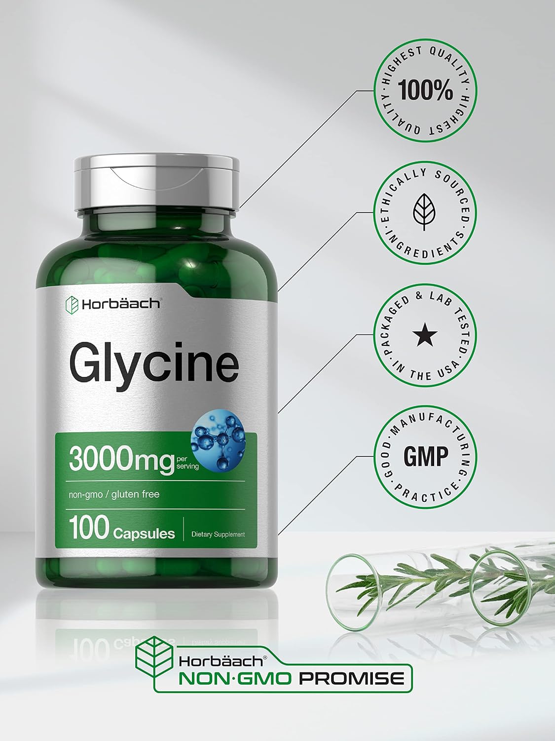 Horbäach Glicina 3000mg | 100 Cápsulas | No-GMO, Sin Gluten
