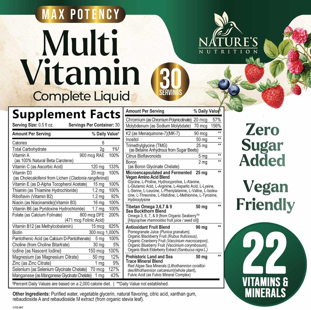 Multivitamínico Líquido Sin Azúcar - Para Mujeres, Hombres y Niños - Vitaminas A, C, D, B12, Biotina y Zinc - Apoya el Crecimiento del Cabello y la Piel - Vegano, No-GMO, Sabor a Bayas, 444 ml