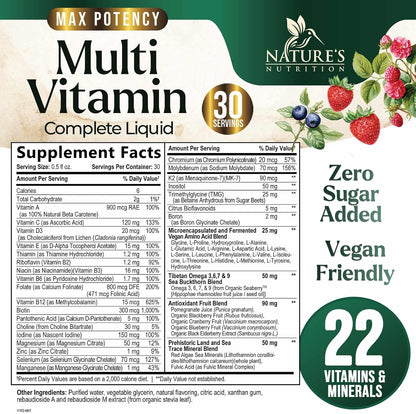 Multivitamínico Líquido Sin Azúcar - Para Mujeres, Hombres y Niños - Vitaminas A, C, D, B12, Biotina y Zinc - Apoya el Crecimiento del Cabello y la Piel - Vegano, No-GMO, Sabor a Bayas, 444 ml