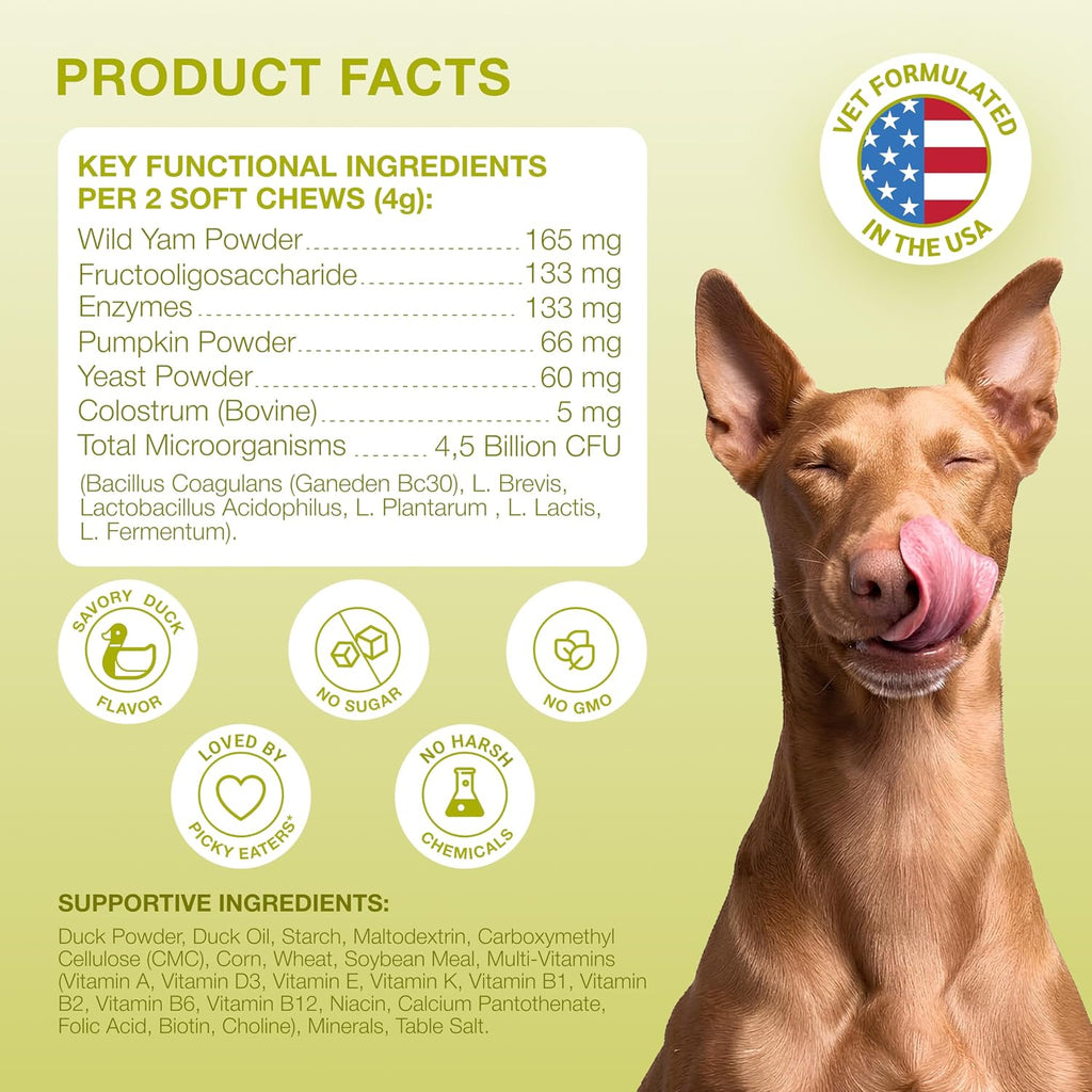 Kinpur Probióticos para Perros – 4 Mil Millones UFC, 6 Cepas + Colostro y Enzimas Digestivas – Sabor a Pato – 120 Masticables