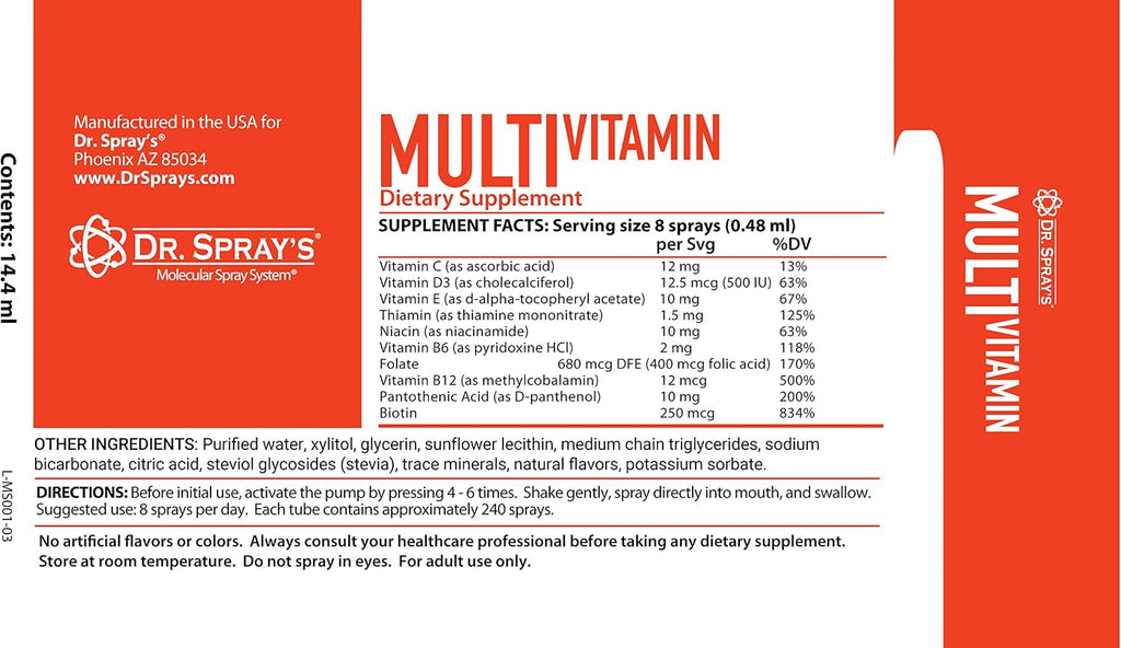 Dr. Spray's Multi-Vitamin Spray - 30 Días - para Hombres y Mujeres