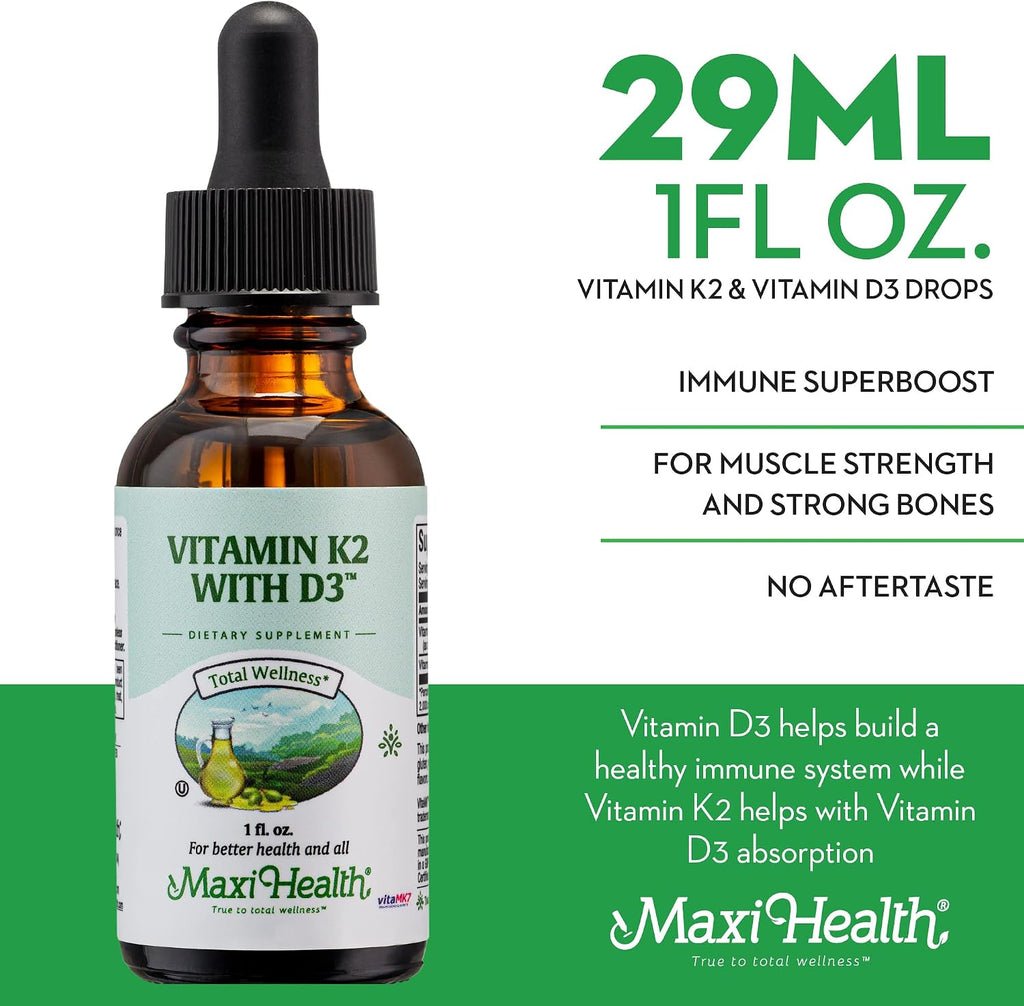 Maxi Health Liquid Vitamin D3 with K2 (MK-7) Drops - 30 ml