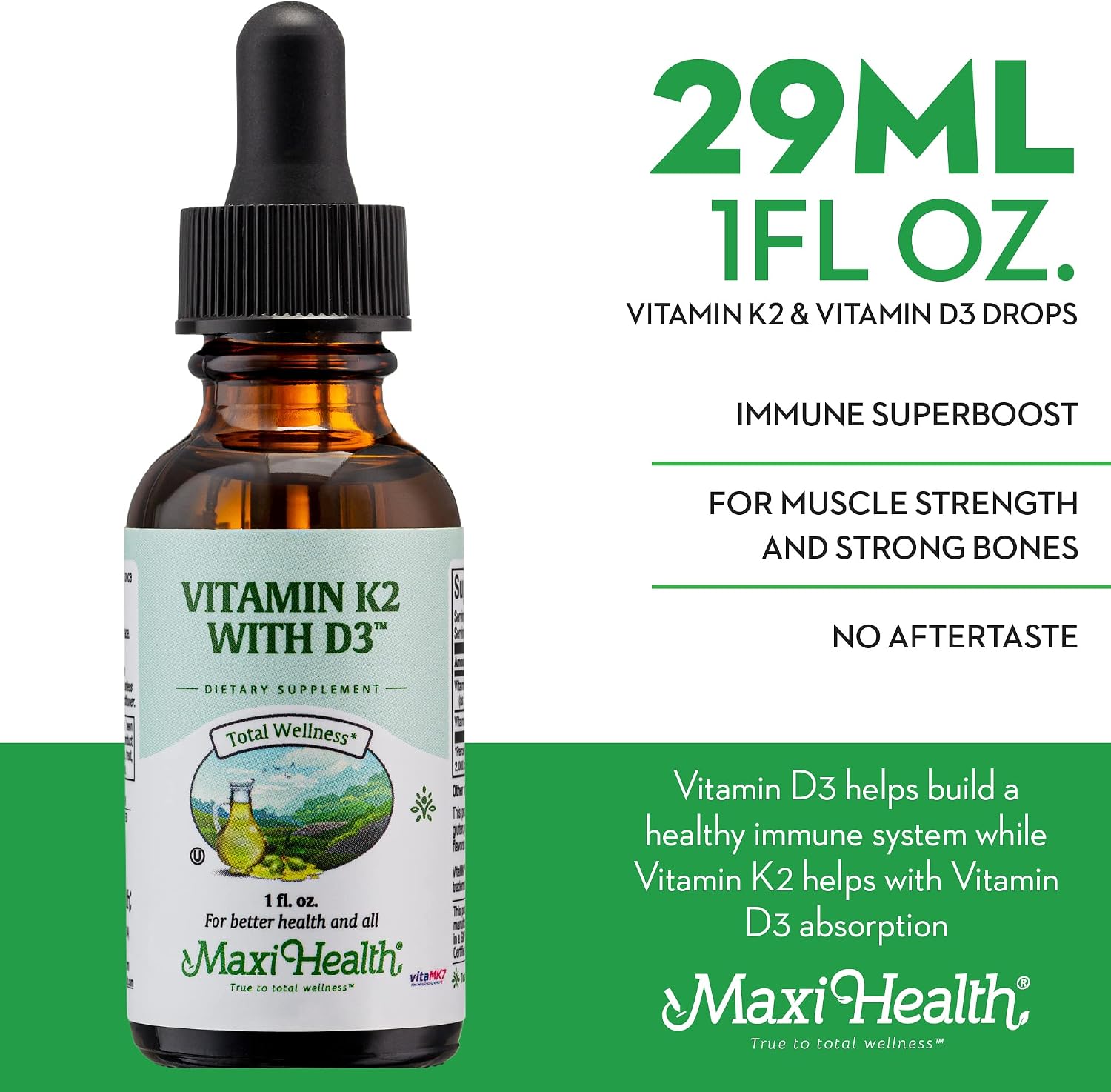 Maxi Health Liquid Vitamin D3 with K2 (MK-7) Drops - 30 ml