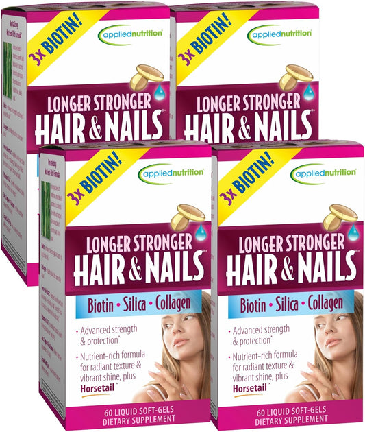 Applied Nutrition Longer Stronger Hair & Nails - Cápsulas Líquidas de Biotina, Sílice y Colágeno (Pack de 4, 240 Cápsulas - 120 Dosis)