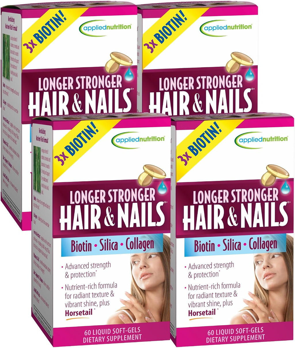Applied Nutrition Cabello y Uñas Fuertes – 60 Cápsulas Blandas Líquidas (Pack de 6) – Biotina, Silicio y Colágeno