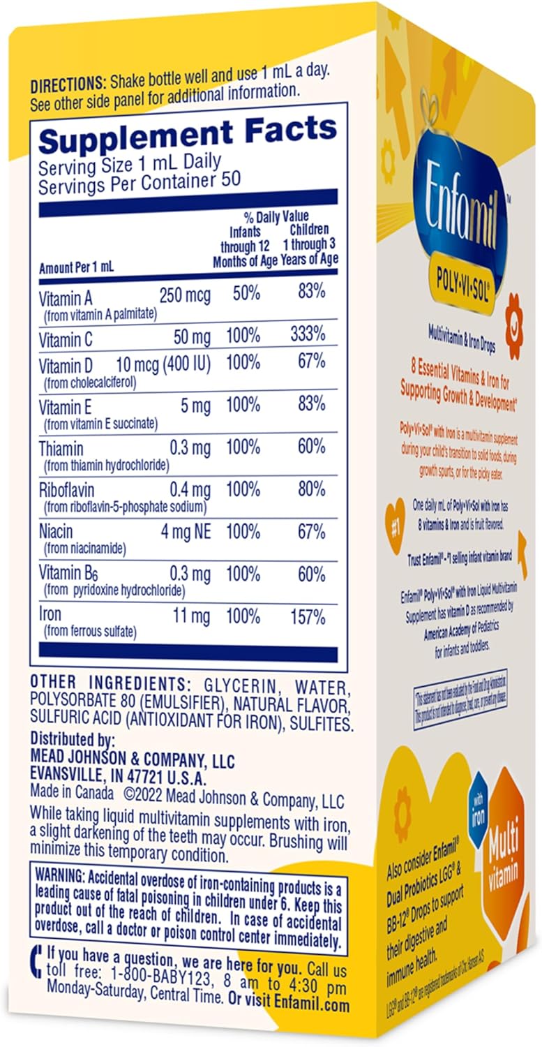 Enfamil Poly-Vi-Sol Gotas Multivitamínicas con Hierro para Bebés y Niños Pequeños, 50 ml