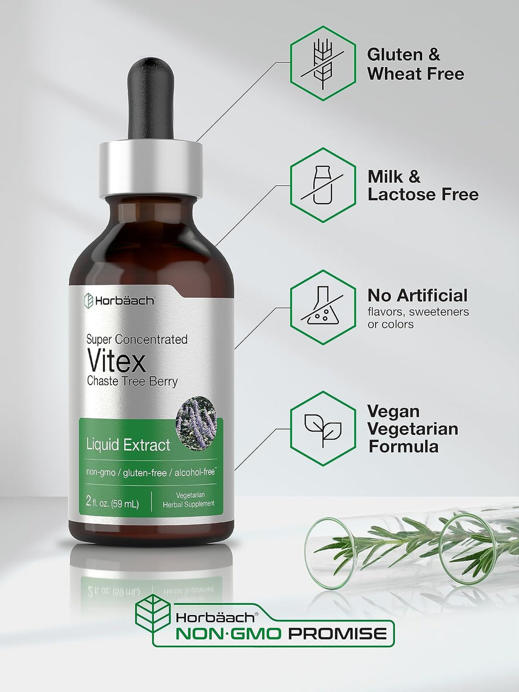 Extracto Líquido de Vitex (Baya de Casto) de Horbäach | 60 ml | Tintura Superconcentrada Sin Alcohol | Complemento Alimenticio Vegetariano, No-GMO, Sin Gluten