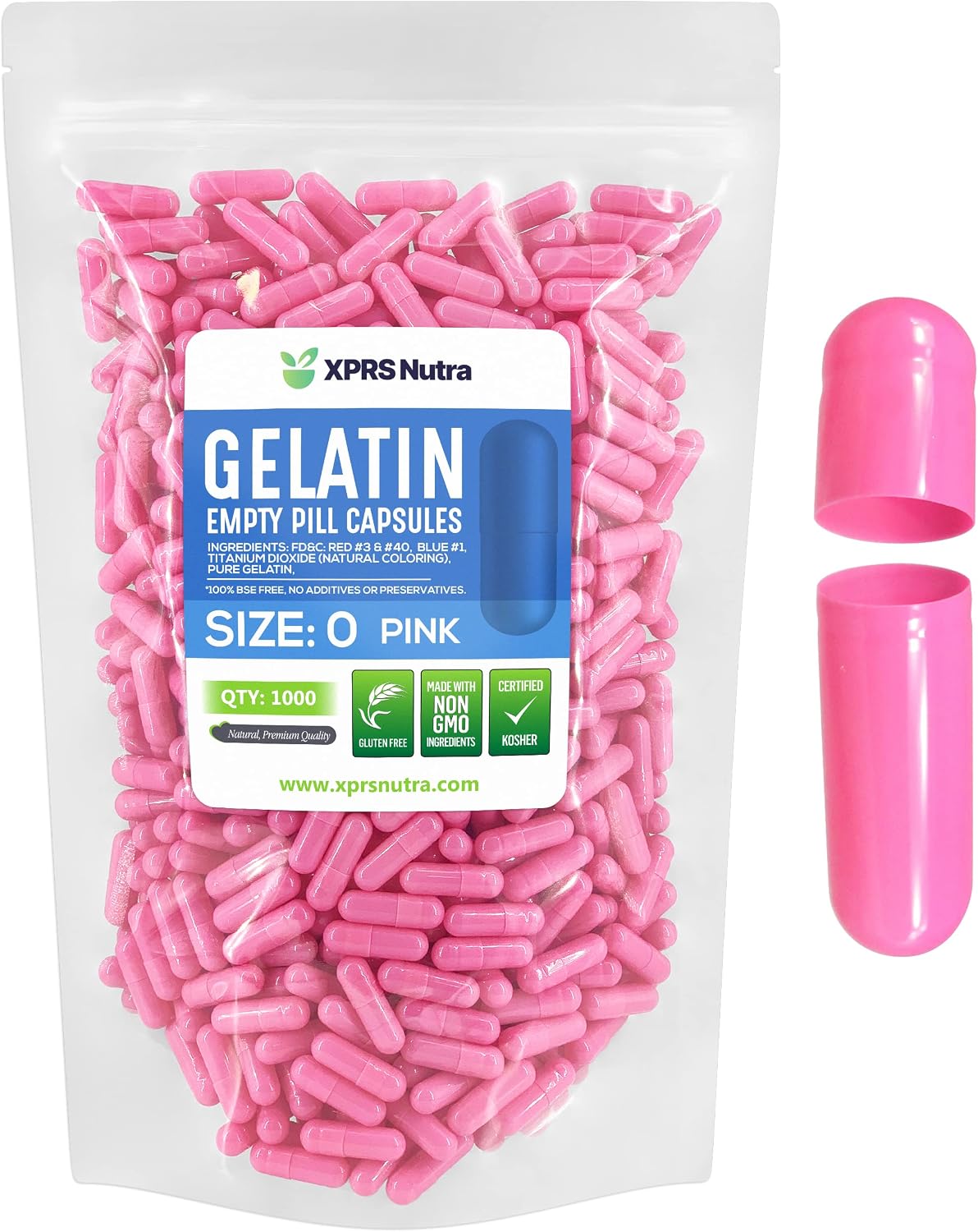 Cápsulas Vacías de Gelatina Bovina Tamaño 0 - 1000 Unidades - Rosa - XPRS Nutra