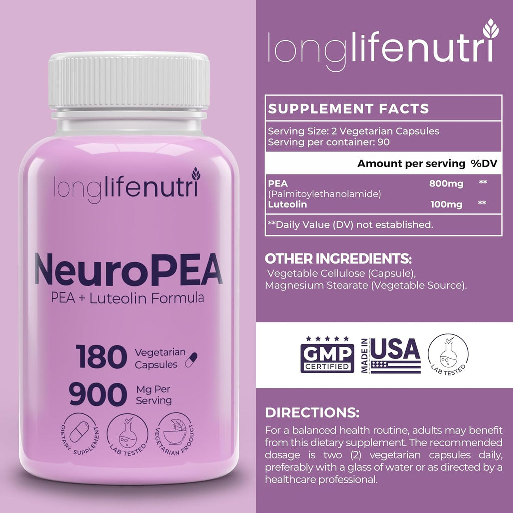 LongLifeNutri NeuroPEA (Palmitoiletanolamida + Luteolina 800mg/100mg) – Suplemento Orgánico para el Rendimiento Nervioso, 180 Cápsulas Vegetarianas (3 Meses)