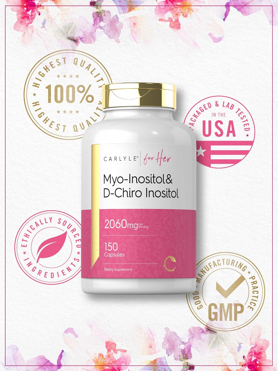 Carlyle Myo-Inositol & D-Chiro Inositol 2060mg | 150 Cápsulas | No-GMO, Sin Gluten